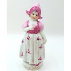 Vintage Japan Porcelain Girl Figurine Pink Bonnet Mid Century Glazed 5.5” Tall